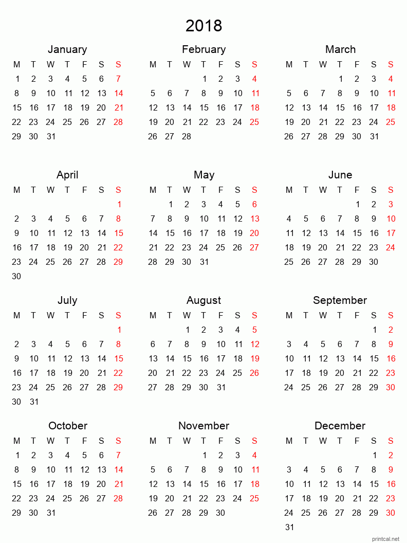Right click to save image Printable 2018 Calendar - simple, tabular