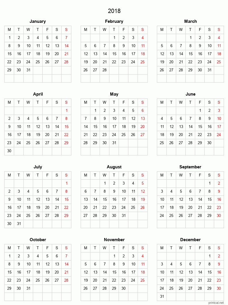 Right click to save image Printable 2018 Calendar - simple, grid
