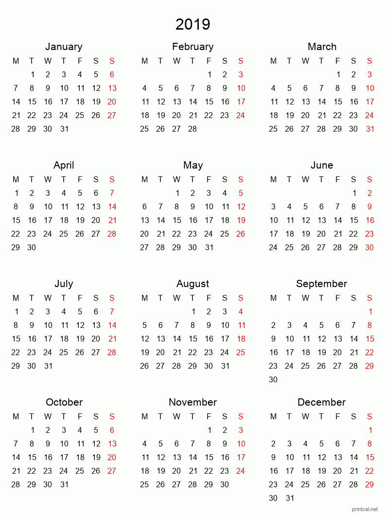 Right click to save image Printable 2019 Calendar - simple, tabular