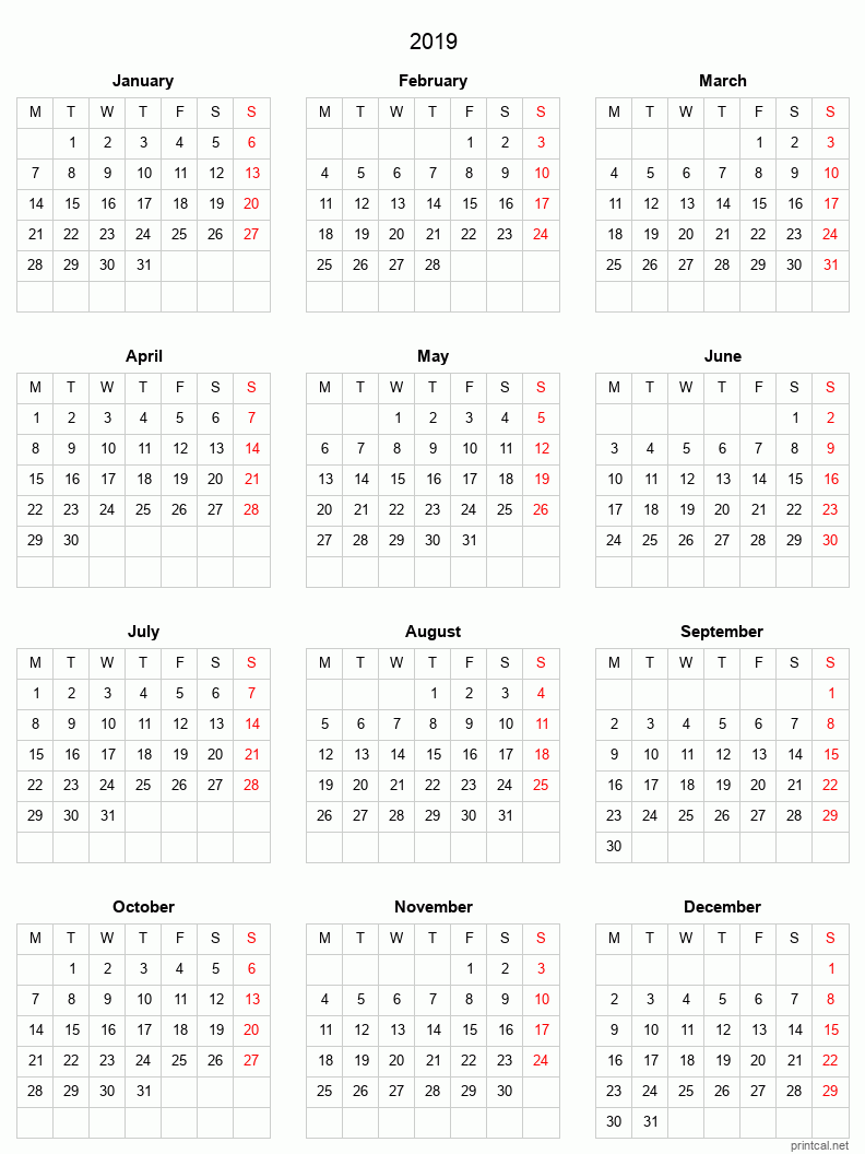 Right click to save image Printable 2019 Calendar - simple, grid