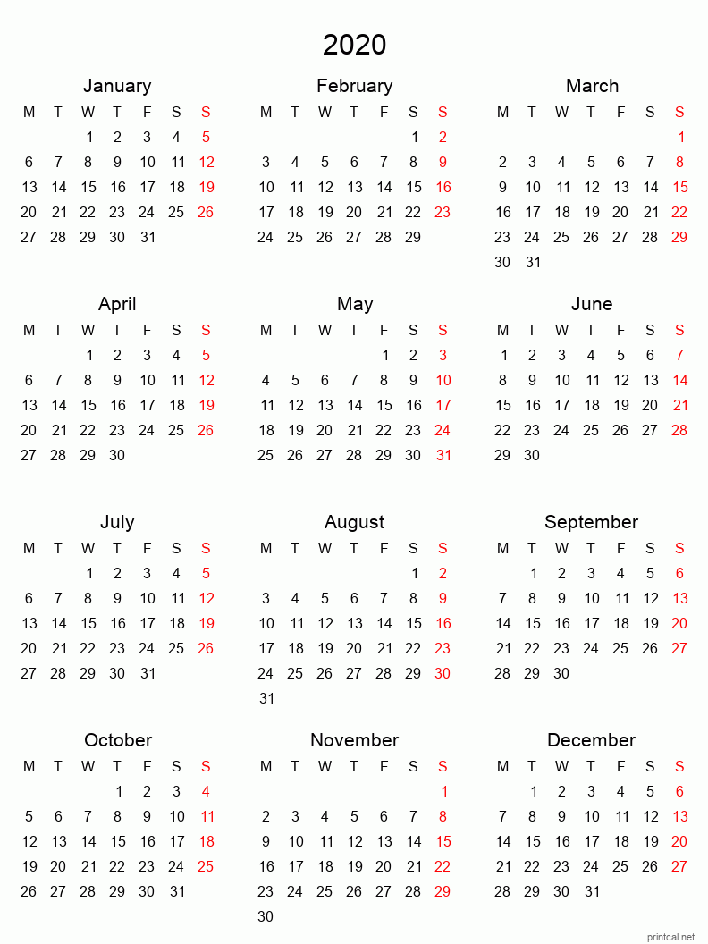 Right click to save image Printable 2020 Calendar - simple, tabular