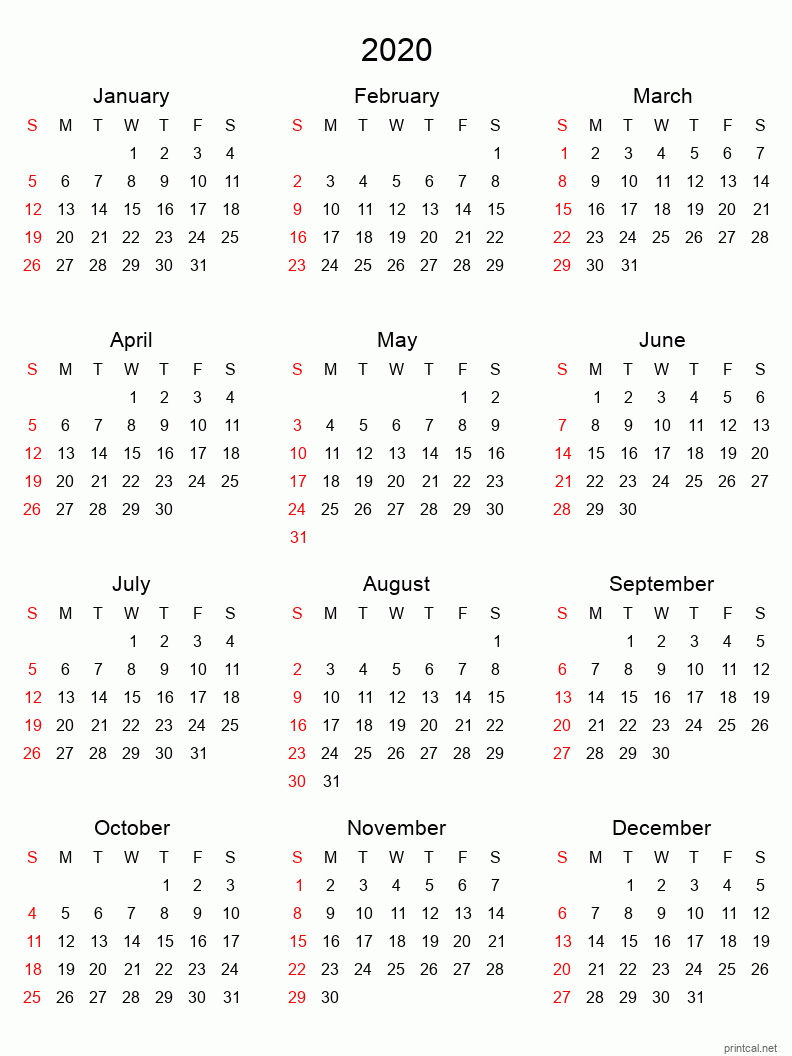 Printable 2020 Calendar Blank Template 1 Simple Tabular