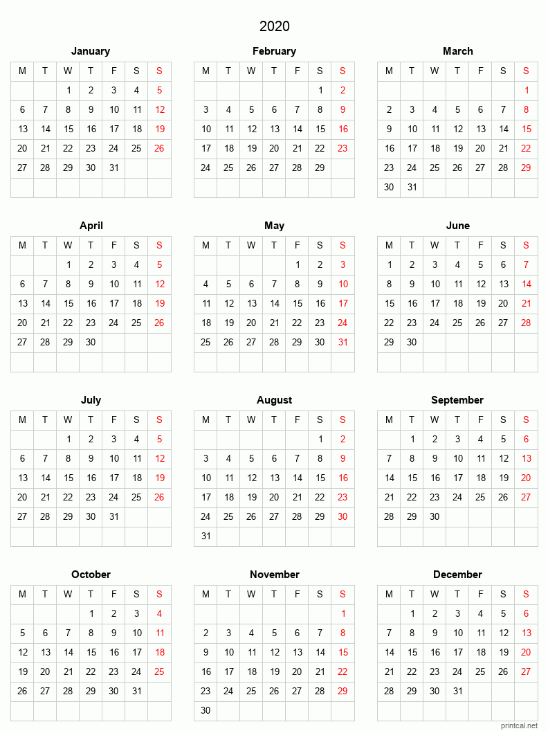 Right click to save image Printable 2020 Calendar - simple, grid