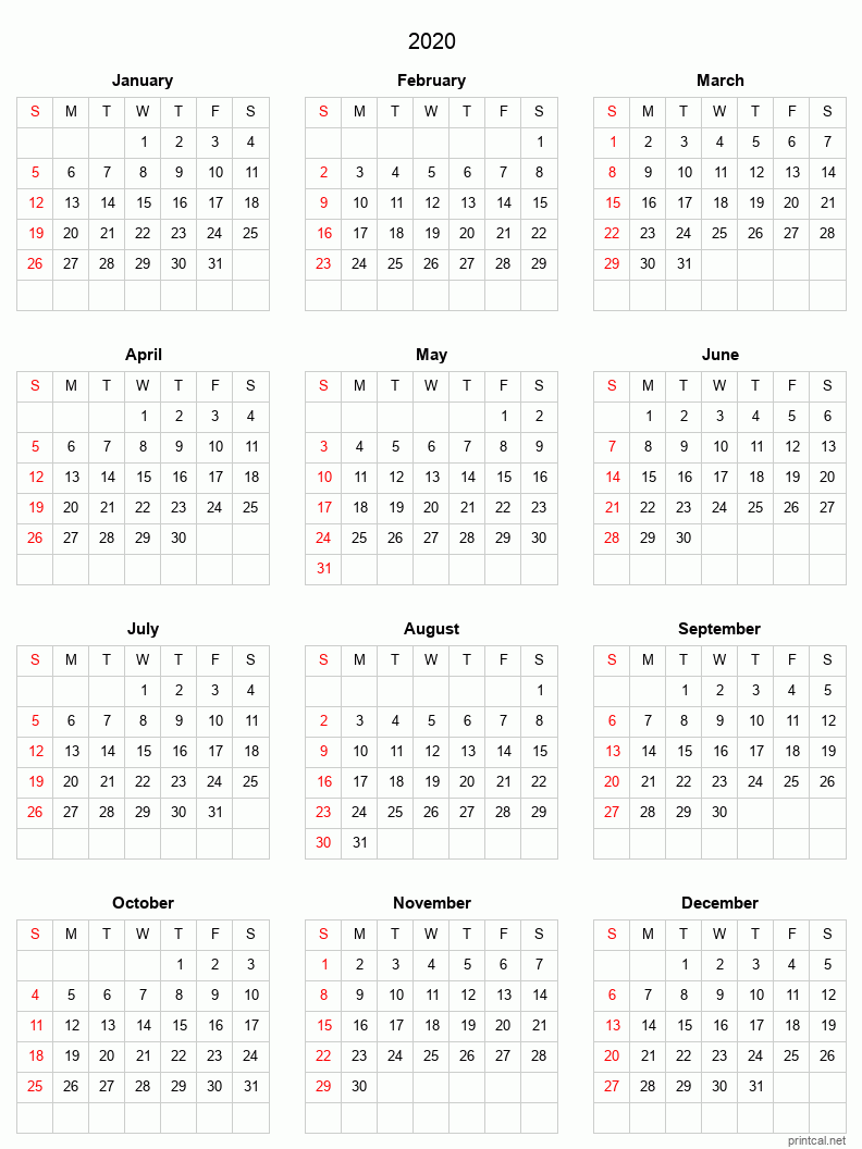 Right click to save image Printable 2020 Calendar - simple, grid