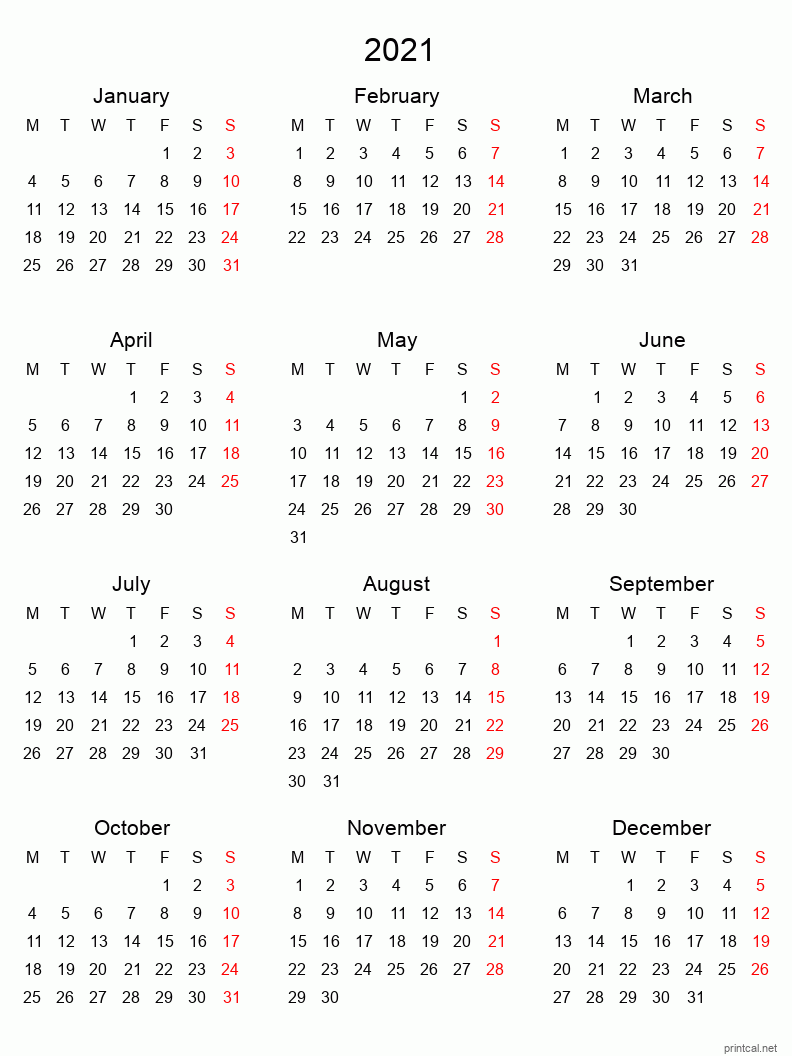Right click to save image Printable 2021 Calendar - simple, tabular
