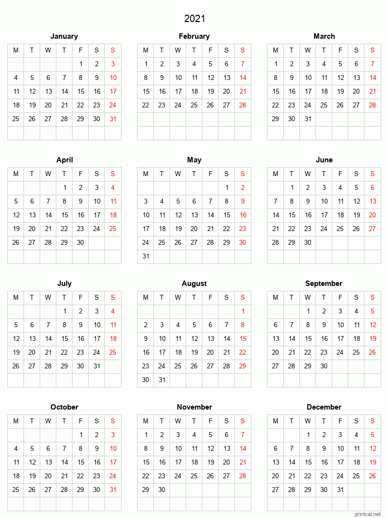 Right click to save image Printable 2021 Calendar - simple, grid