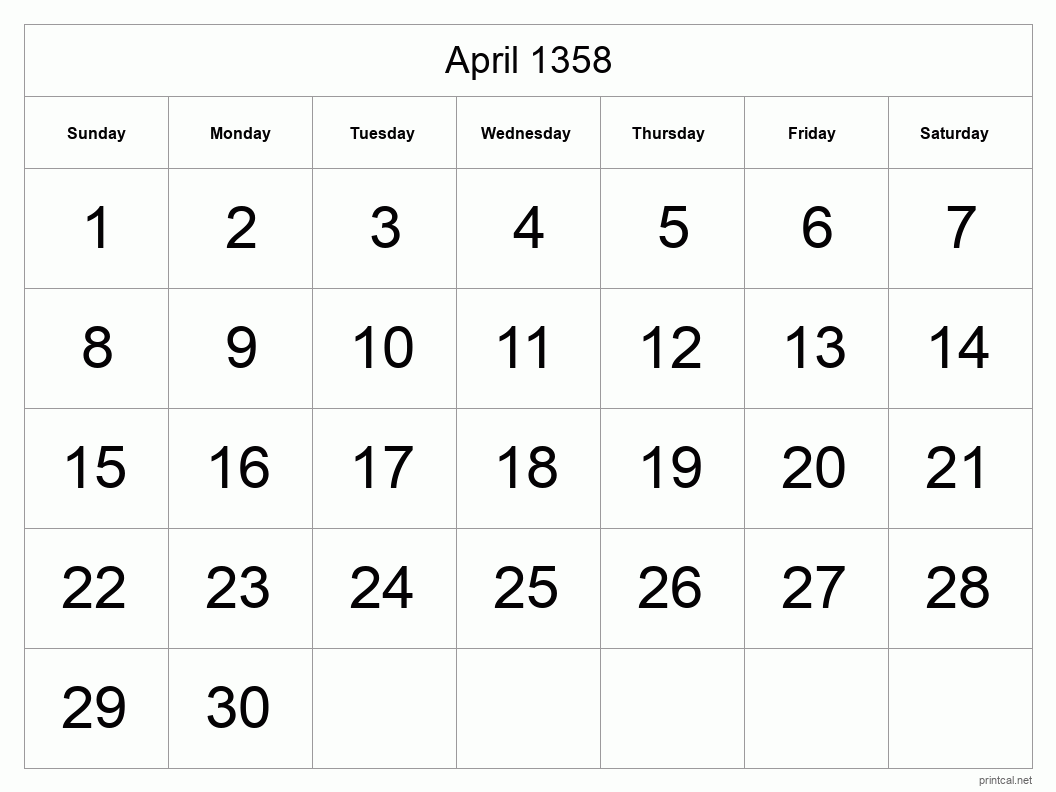 April 1358 Printable Calendar - Big Dates