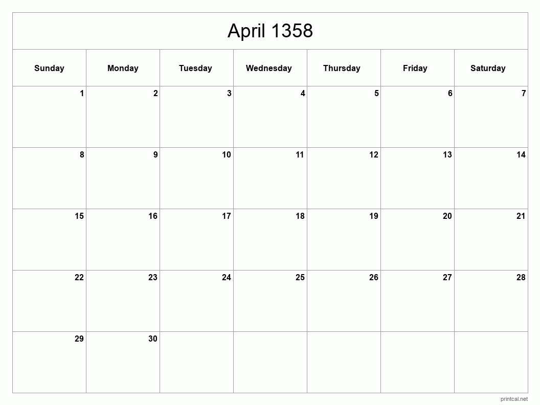 April 1358 Printable Calendar - Classic Blank Sheet