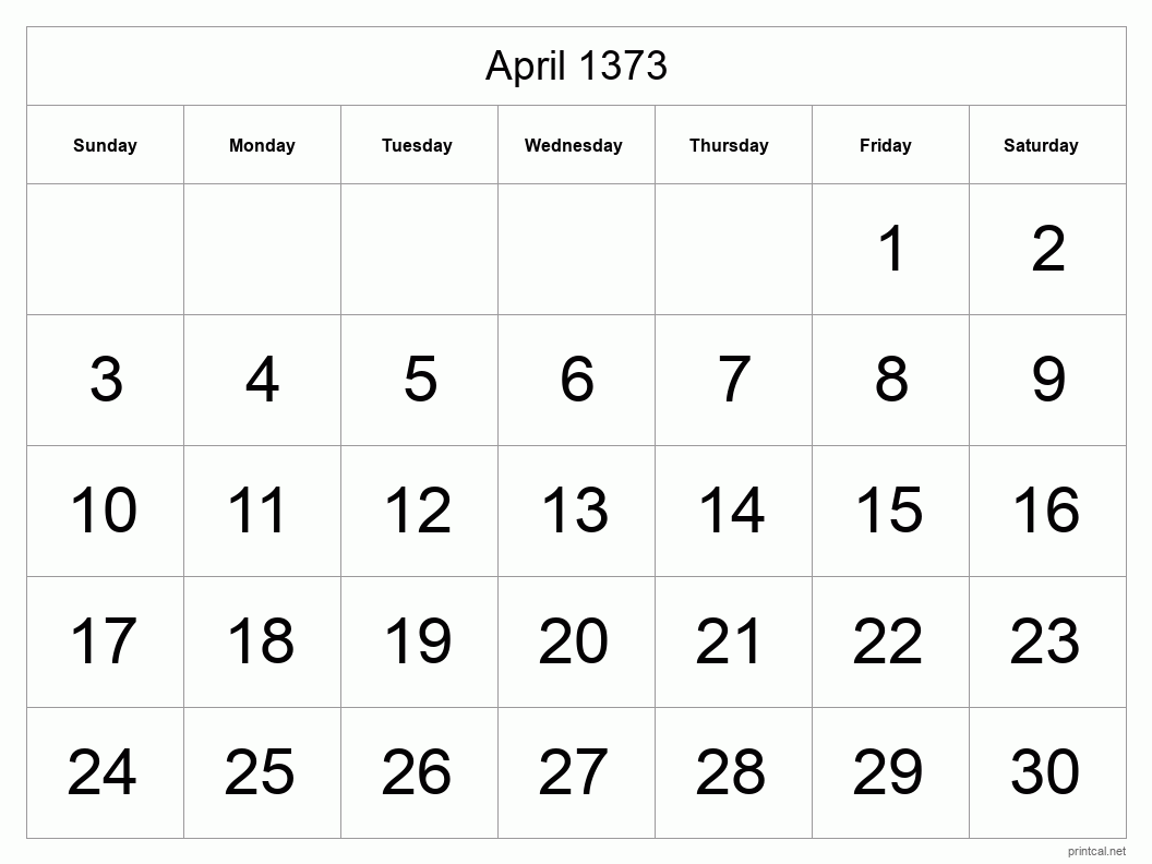 April 1373 Printable Calendar - Big Dates