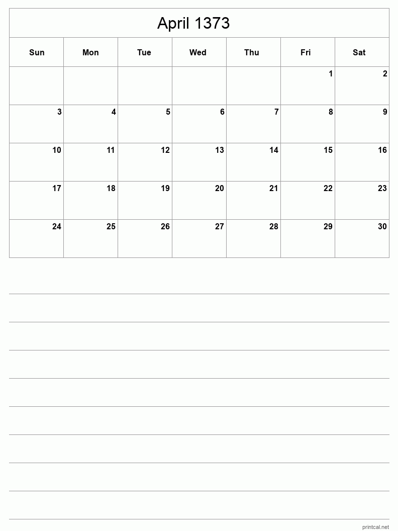 April 1373 Printable Calendar - Half-Page With Notesheet