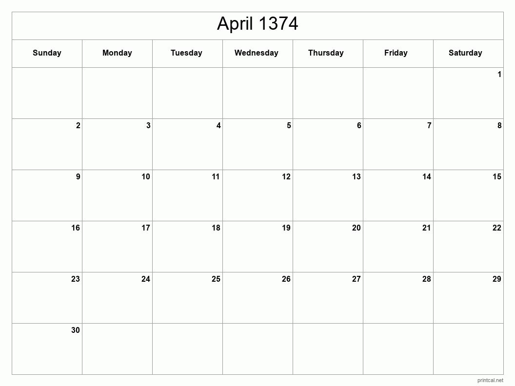 April 1374 Printable Calendar - Classic Blank Sheet