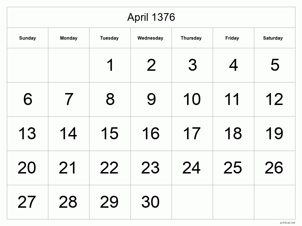 April 1376 Printable Calendar - Big Dates