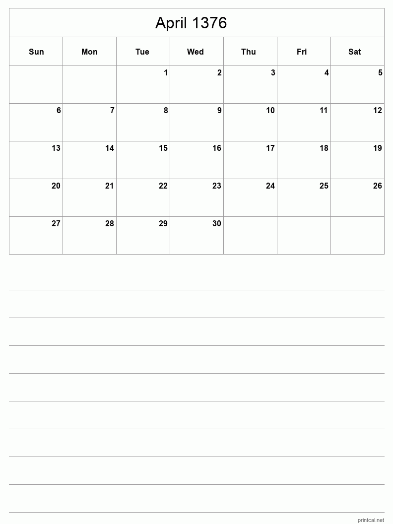 April 1376 Printable Calendar - Half-Page With Notesheet