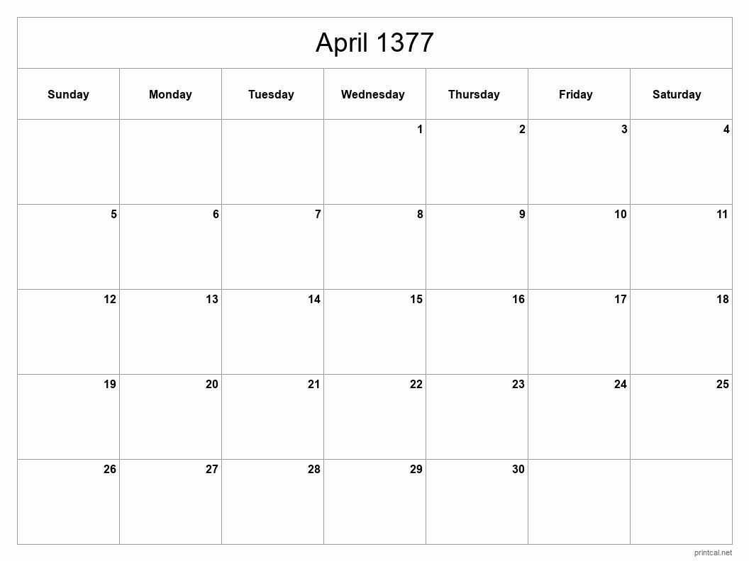April 1377 Printable Calendar - Classic Blank Sheet