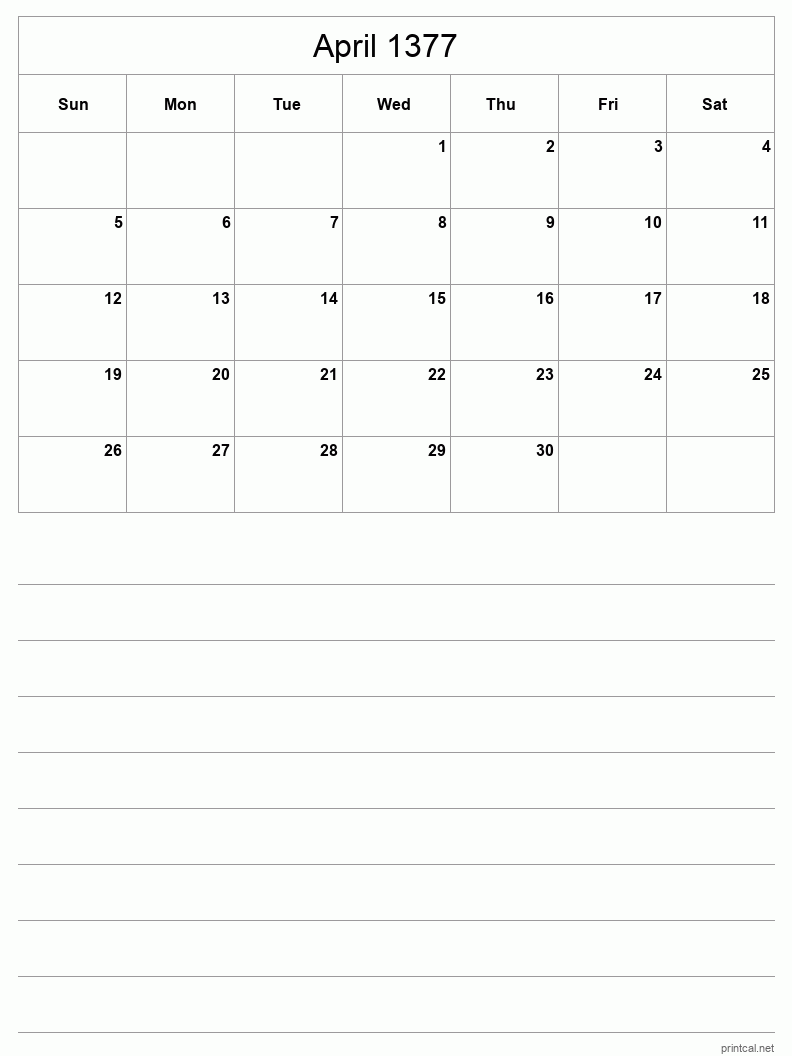April 1377 Printable Calendar - Half-Page With Notesheet