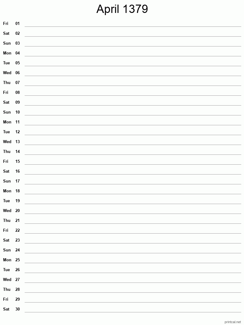 April 1379 Printable Calendar - Single Column Notesheet
