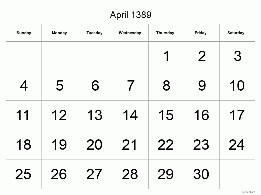 April 1389 Printable Calendar - Big Dates