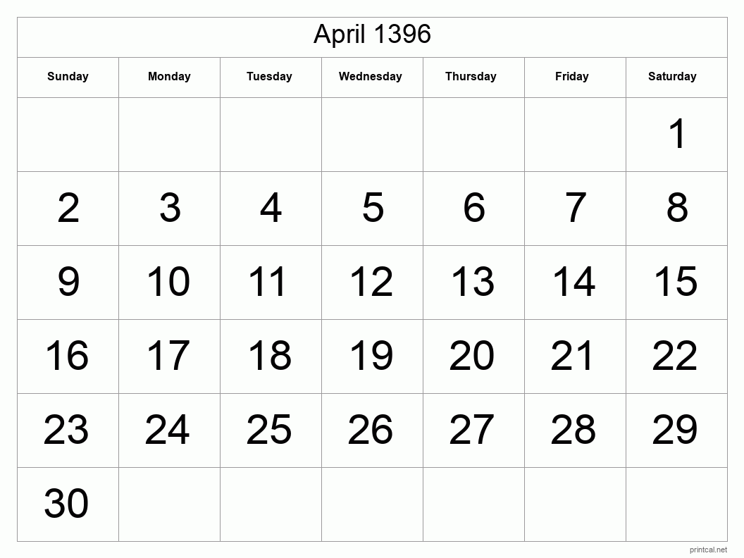 April 1396 Printable Calendar - Big Dates
