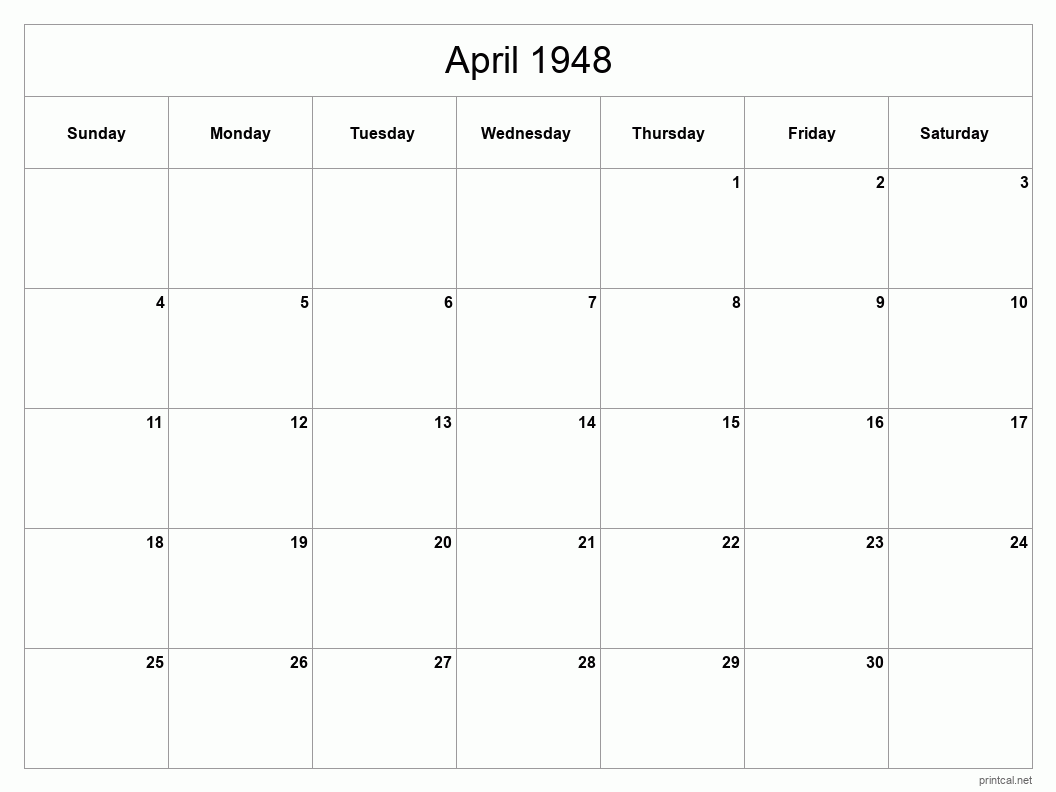 April 1948 Printable Calendar - Classic Blank Sheet