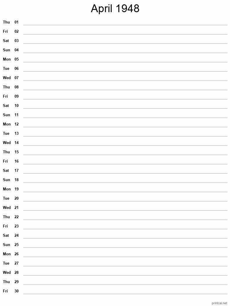 April 1948 Printable Calendar - Single Column Notesheet