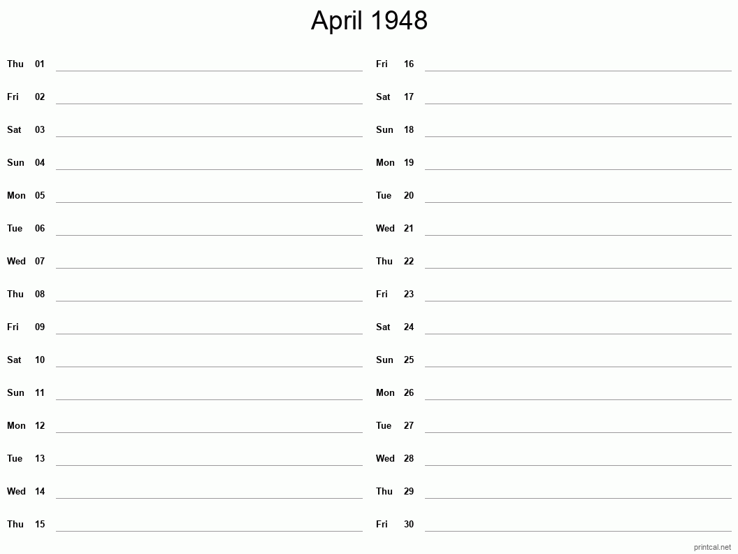 April 1948 Printable Calendar - Two Column Notesheet