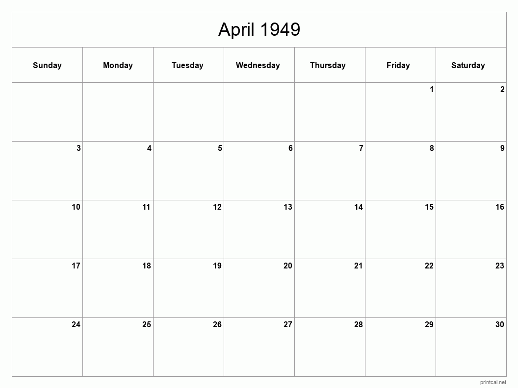 April 1949 Printable Calendar - Classic Blank Sheet