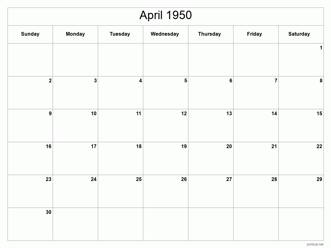 April 1950 Printable Calendar - Classic Blank Sheet