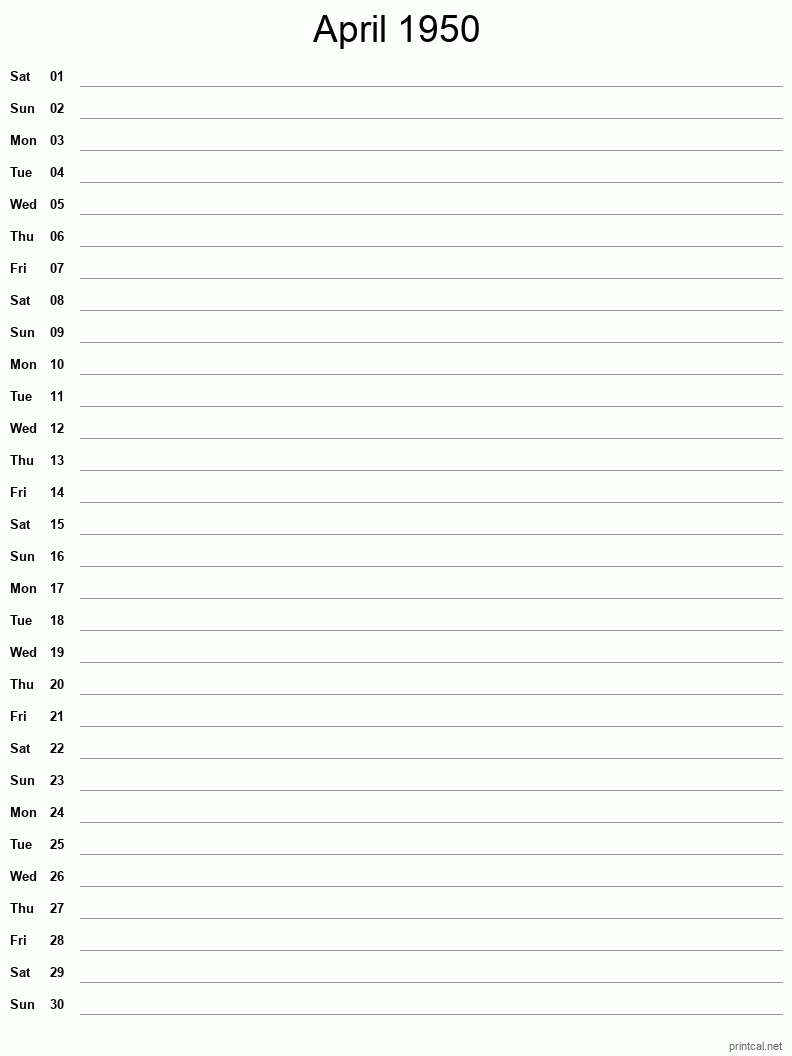 April 1950 Printable Calendar - Single Column Notesheet