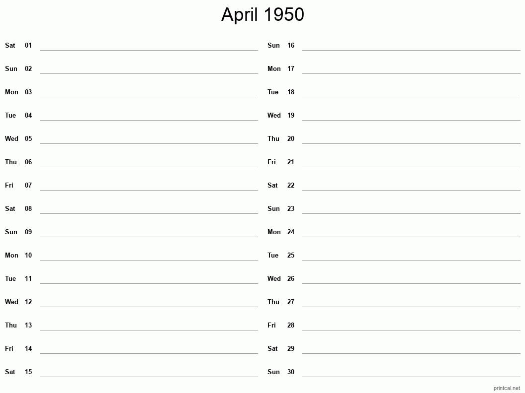 April 1950 Printable Calendar - Two Column Notesheet