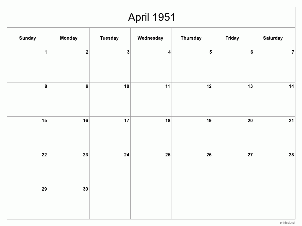 April 1951 Printable Calendar - Classic Blank Sheet