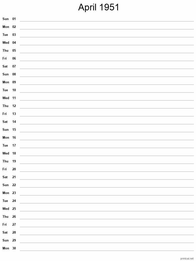 April 1951 Printable Calendar - Single Column Notesheet