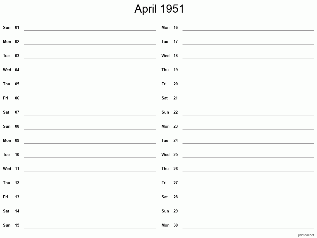 April 1951 Printable Calendar - Two Column Notesheet