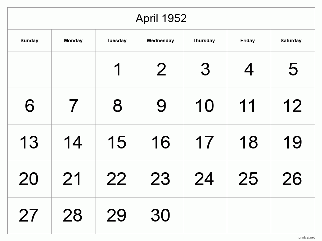 April 1952 Printable Calendar - Big Dates