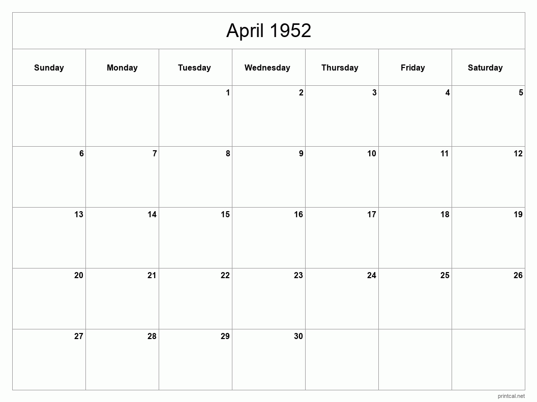 April 1952 Printable Calendar - Classic Blank Sheet