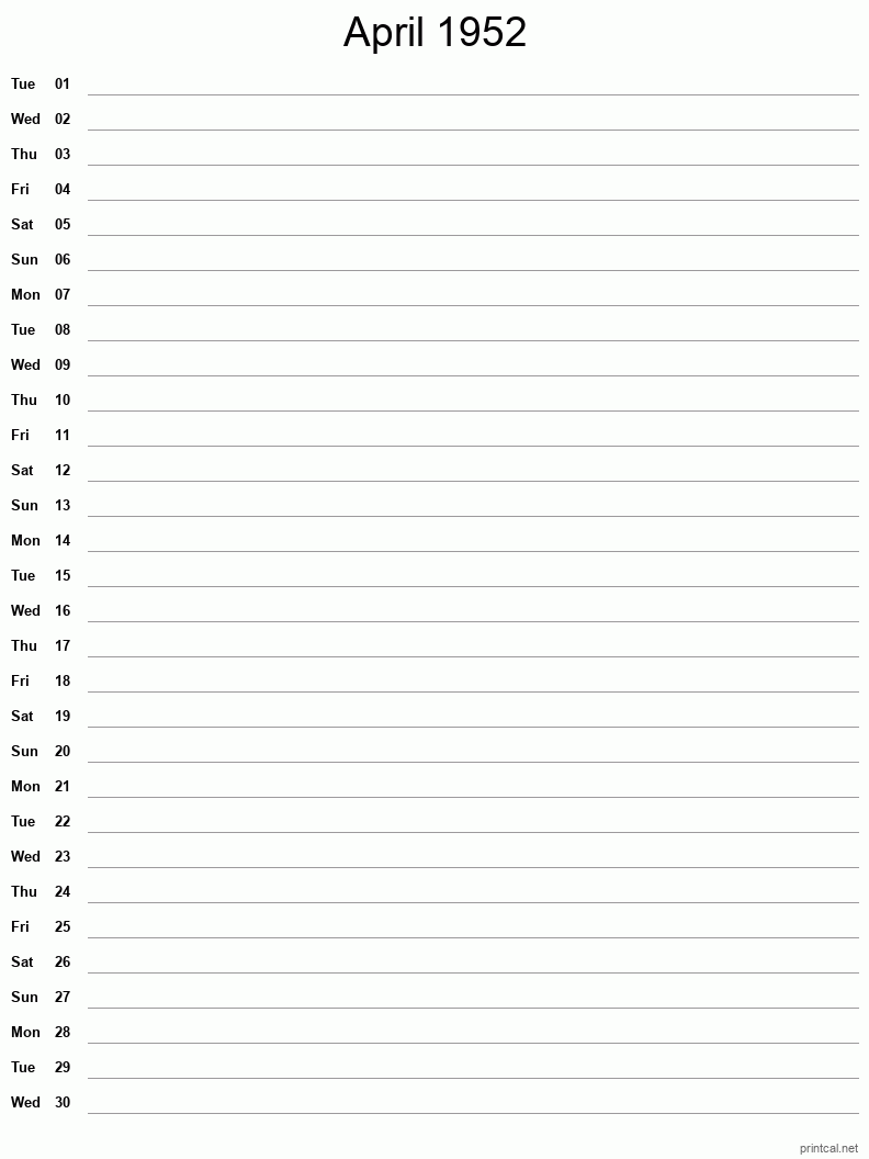 April 1952 Printable Calendar - Single Column Notesheet