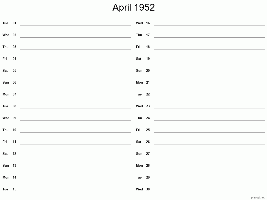 April 1952 Printable Calendar - Two Column Notesheet