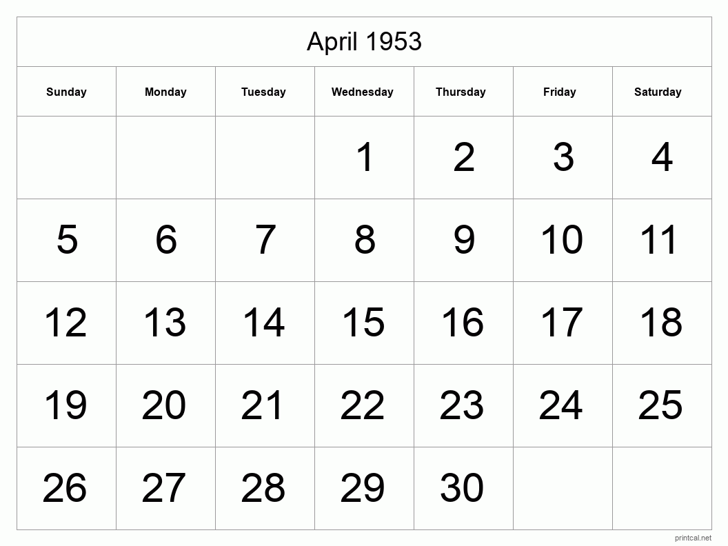 April 1953 Printable Calendar - Big Dates