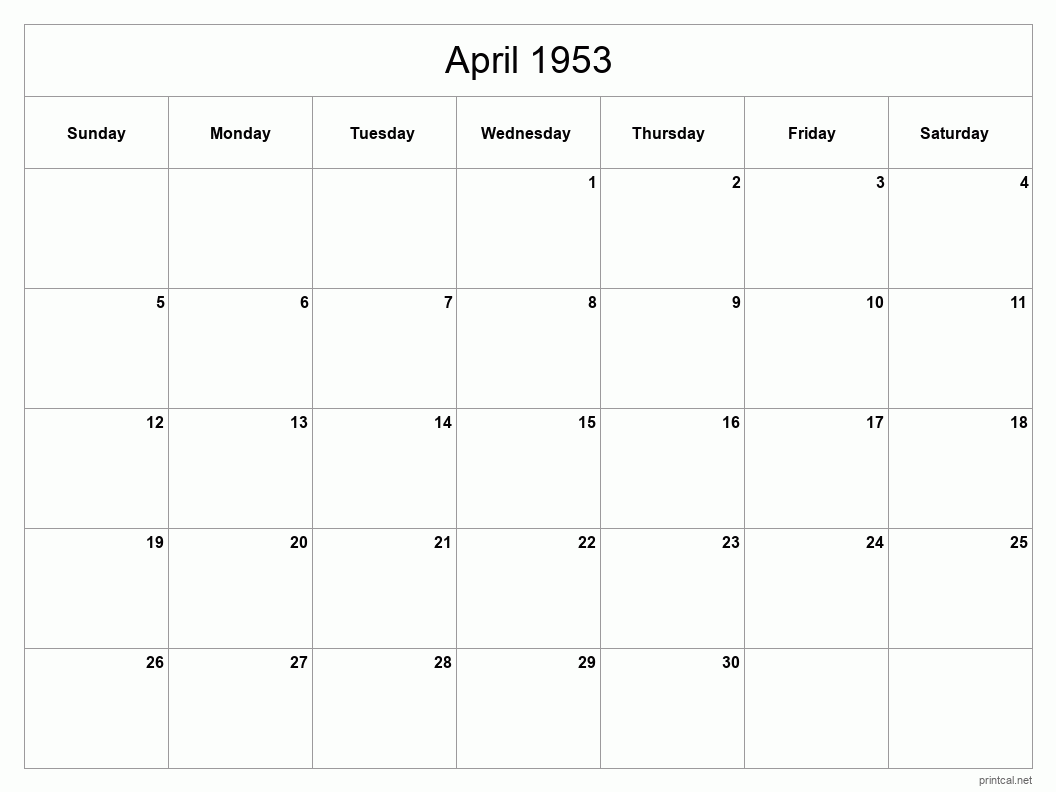 April 1953 Printable Calendar - Classic Blank Sheet