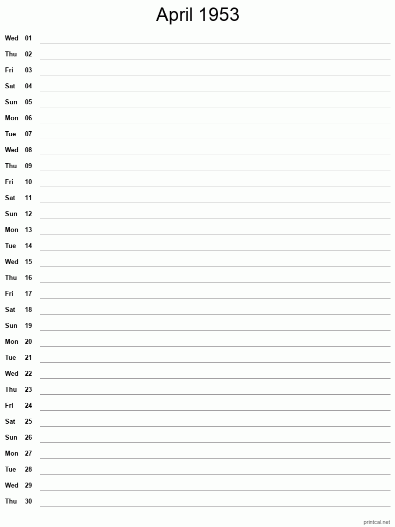 April 1953 Printable Calendar - Single Column Notesheet