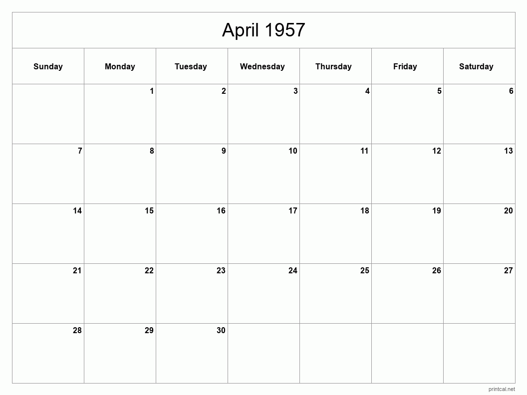 April 1957 Printable Calendar - Classic Blank Sheet