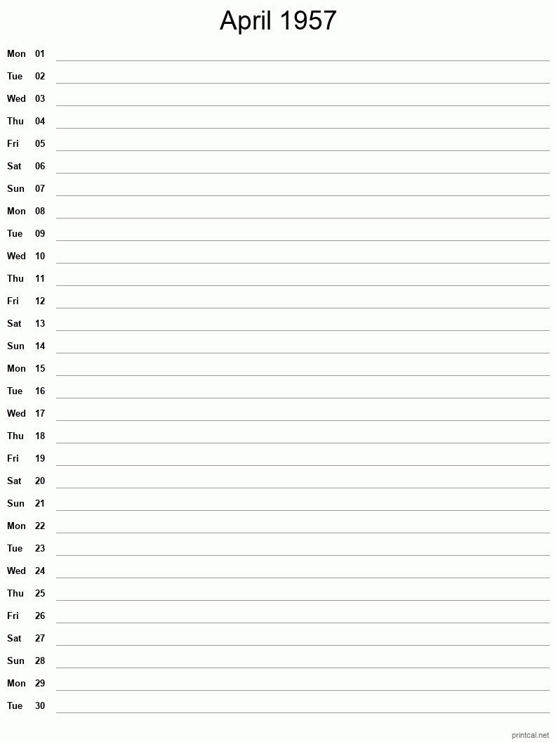 April 1957 Printable Calendar - Single Column Notesheet