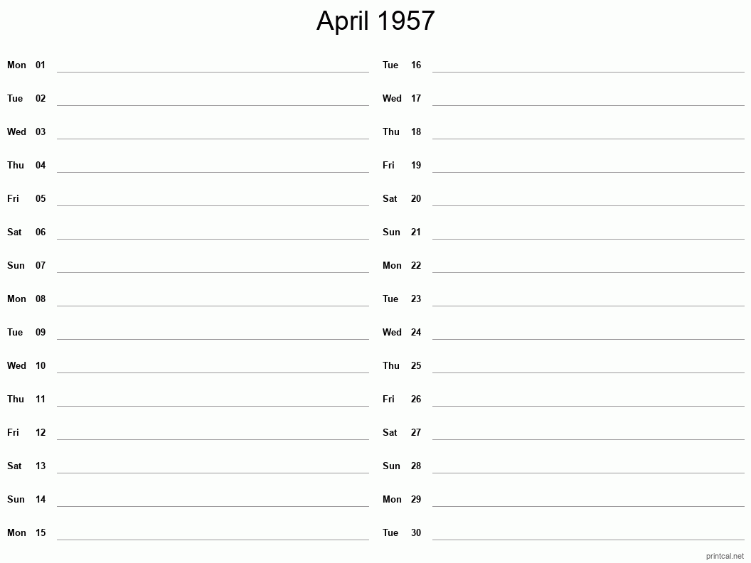 April 1957 Printable Calendar - Two Column Notesheet