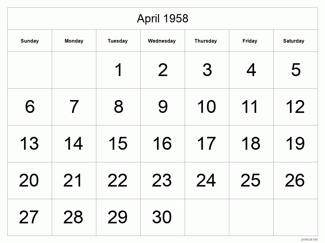 April 1958 Printable Calendar - Big Dates