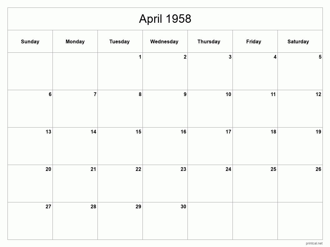 April 1958 Printable Calendar - Classic Blank Sheet