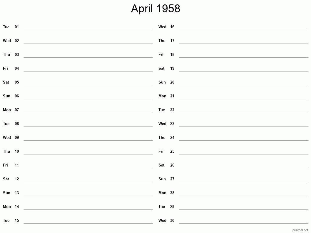 April 1958 Printable Calendar - Two Column Notesheet