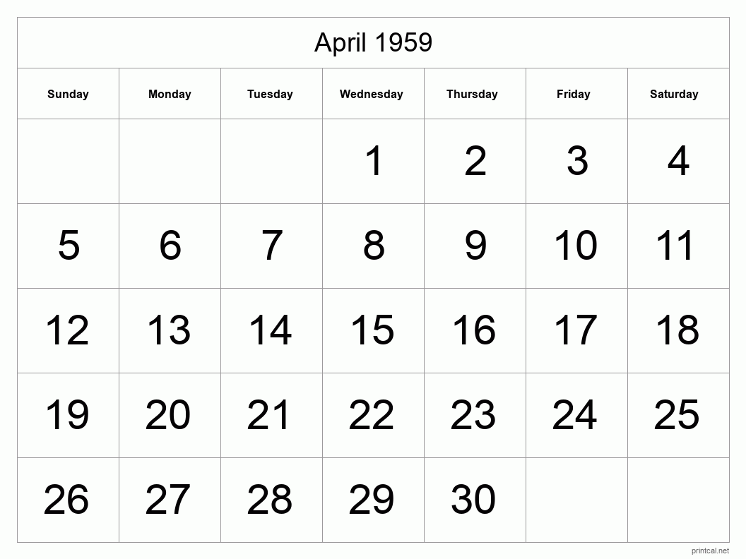 April 1959 Printable Calendar - Big Dates