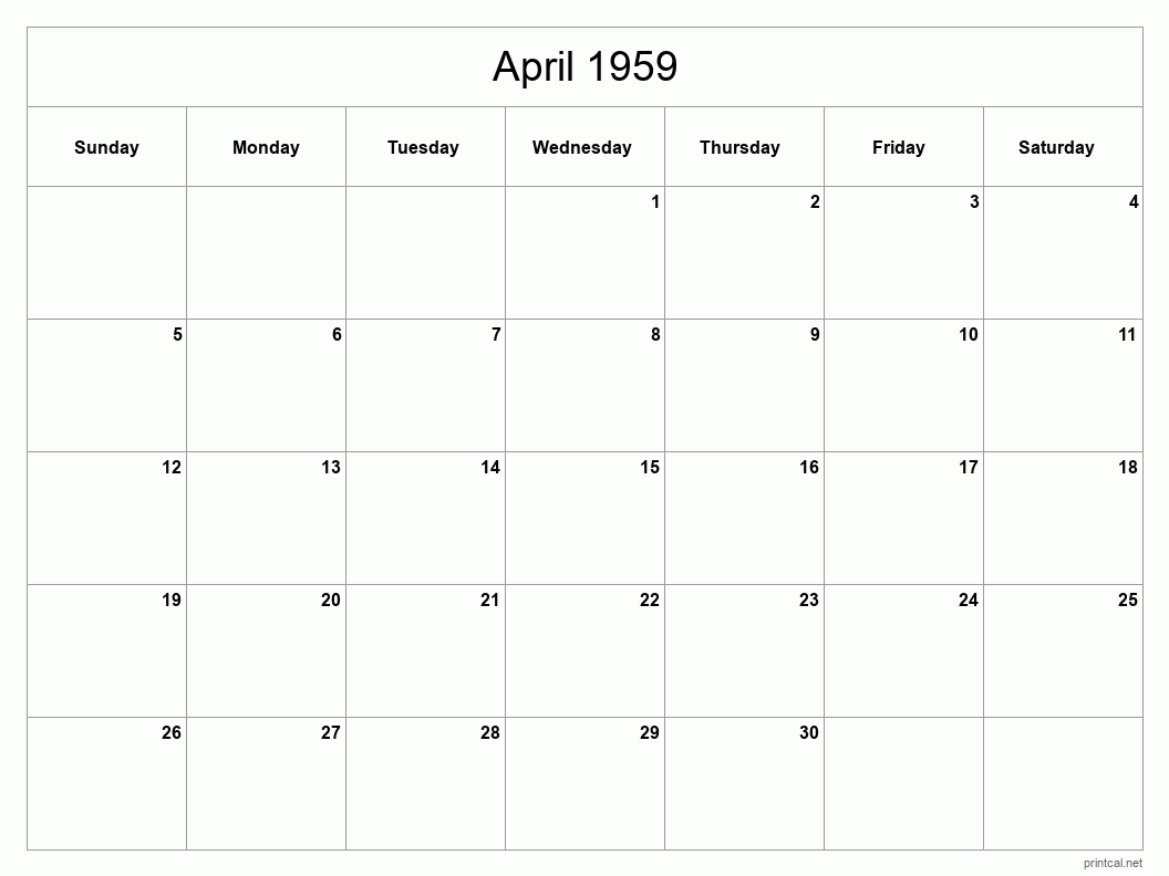 April 1959 Printable Calendar - Classic Blank Sheet