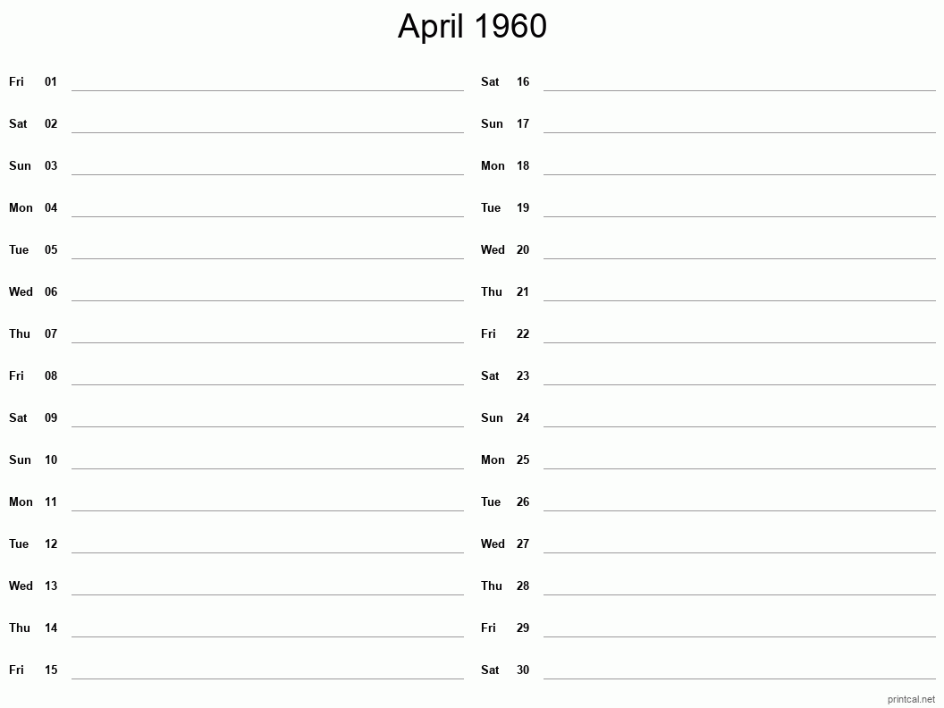 April 1960 Printable Calendar - Two Column Notesheet