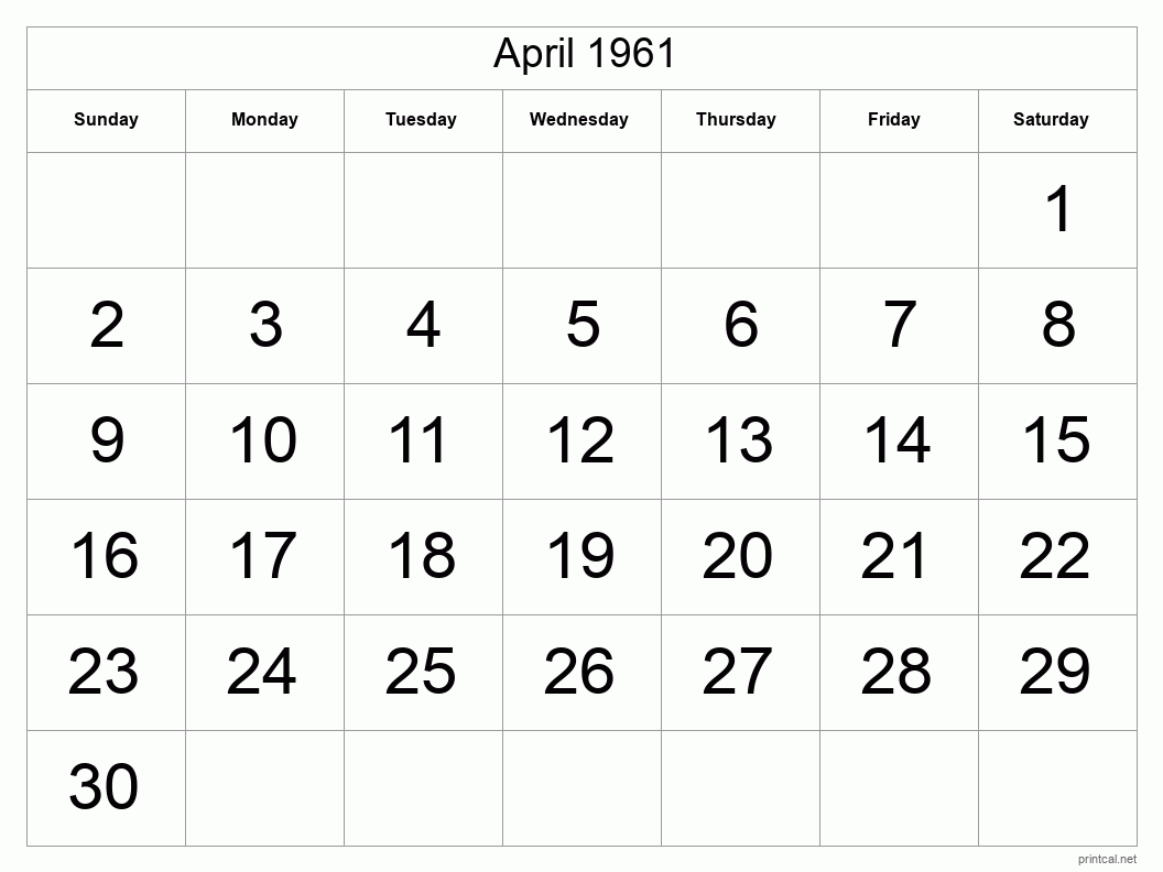 April 1961 Printable Calendar - Big Dates