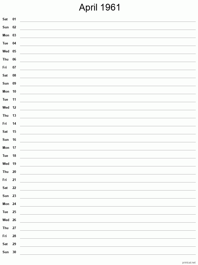 April 1961 Printable Calendar - Single Column Notesheet